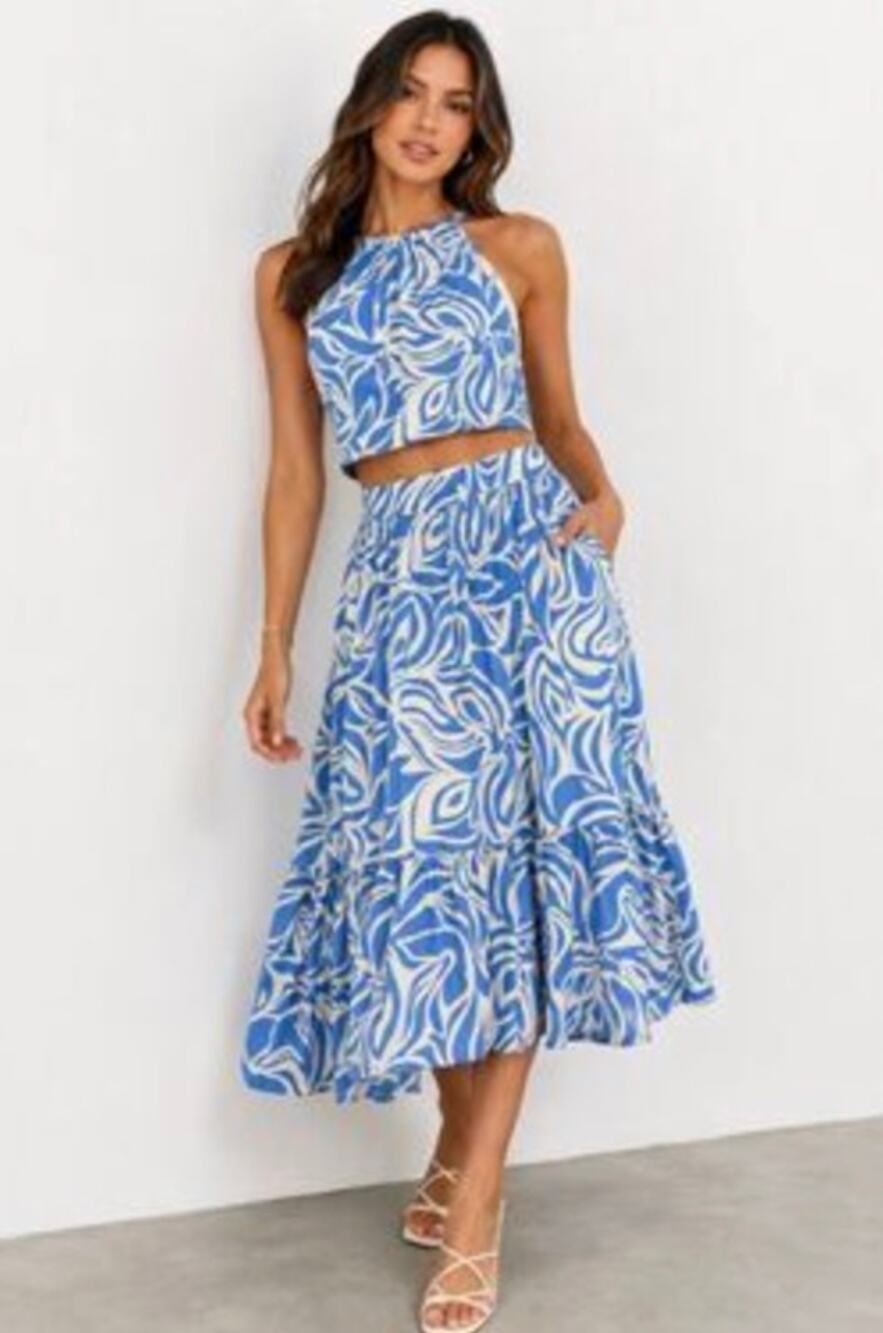 1.STATE Abstract Print Halter Crop Top & Tiered Midi Skirt Matching Set, Size S